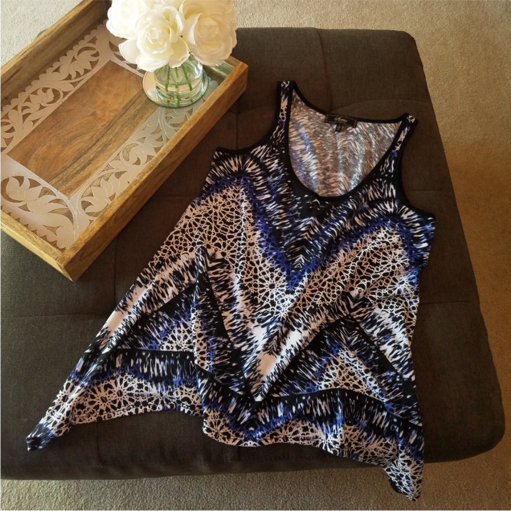 Sleeveless Tank Top Tunic Black, Blue & White Pattern Like NEW